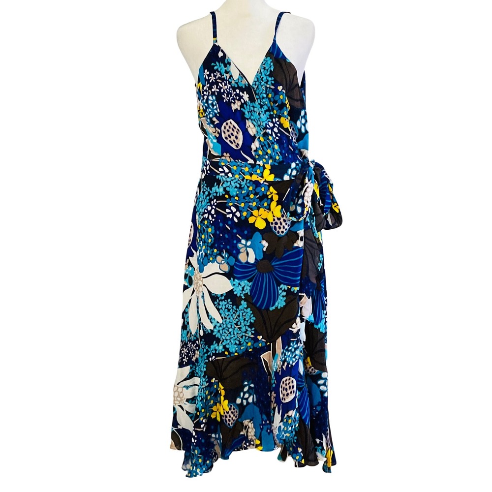 TRINA TURK KACIE 2 DRESS WRAP MIDI BLUE FLORAL TIE‎ WAIST HI LOW ASYMMETRIC 8